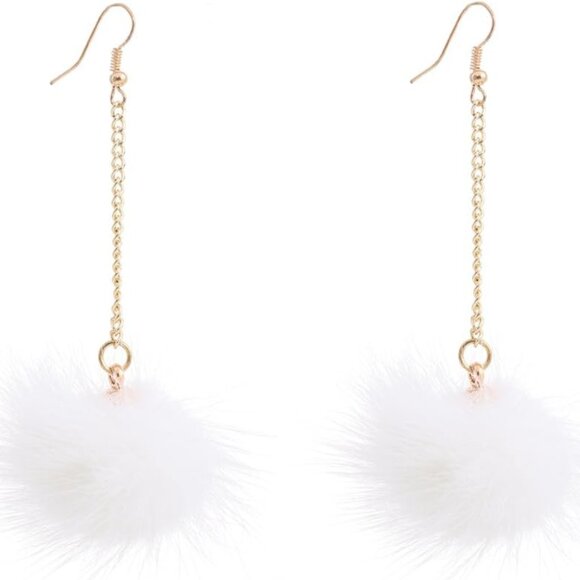 Jewelry - Rabbit Fur Pom pom Drop Earring Gold Chainlink Dangling Earring Ear Drop for Wom